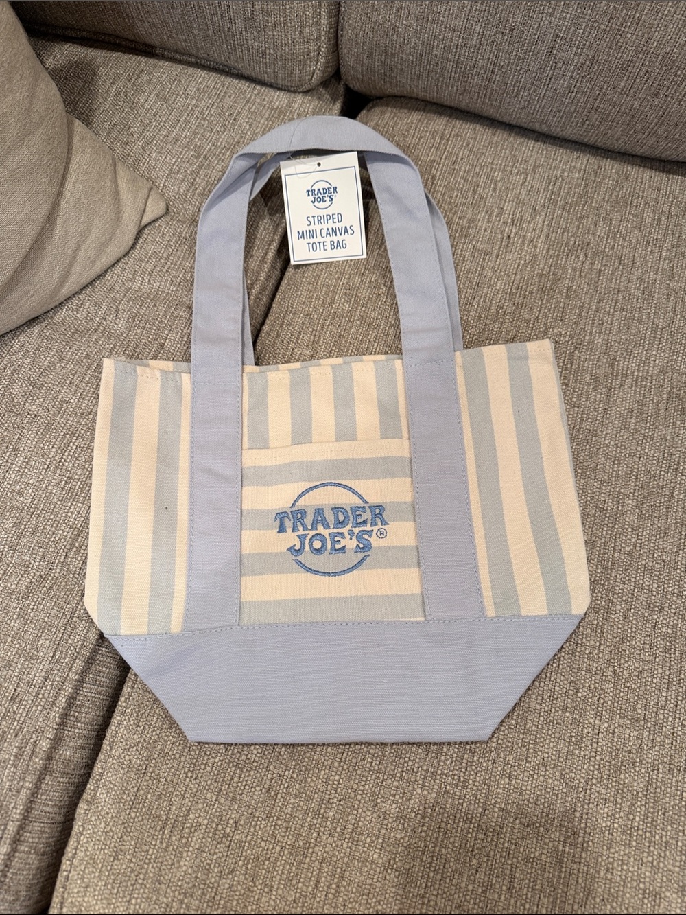 Trader Joe’s Summer Striped Mini Canvas Tote Bags- set of 3- blue green & tan - Picture 3 of 6